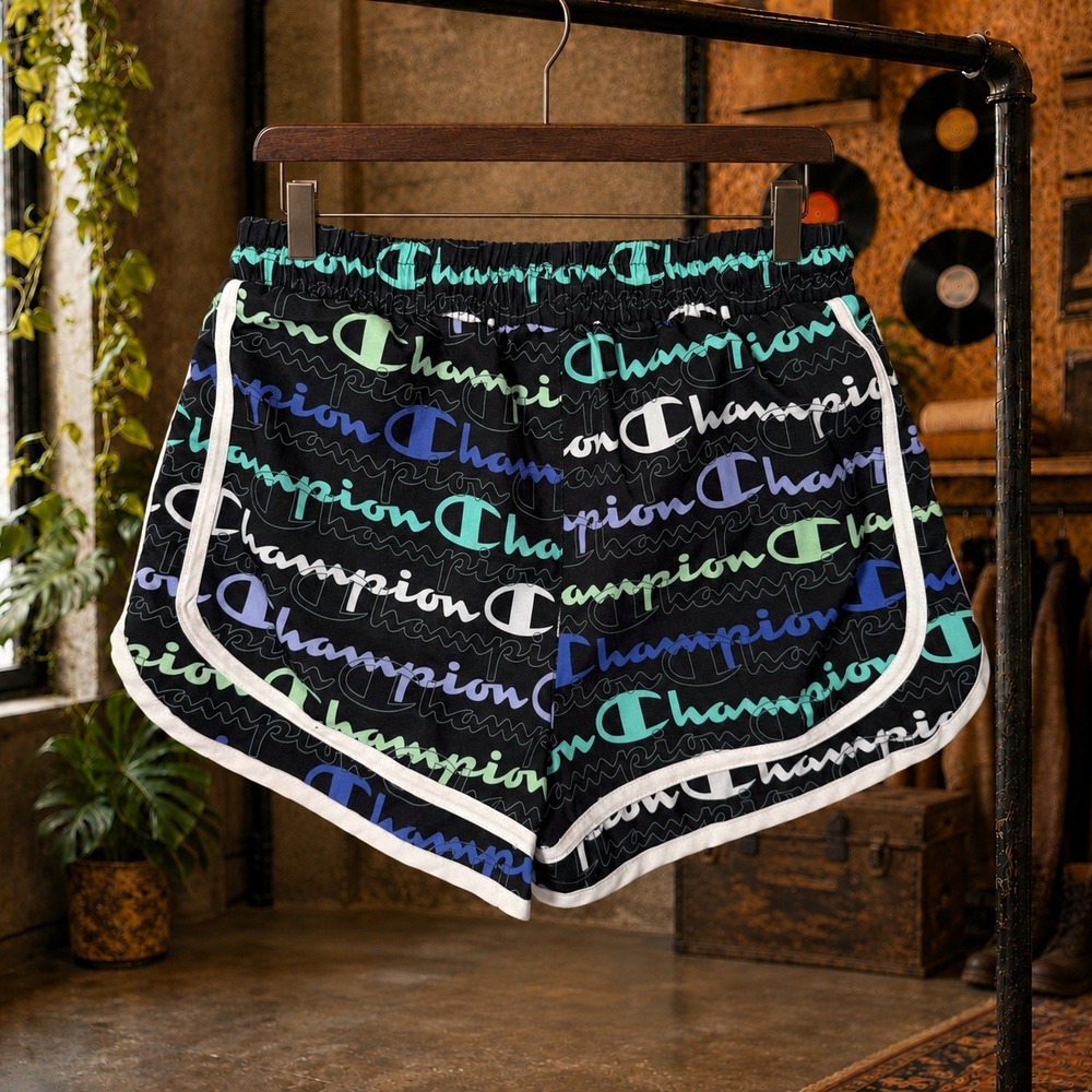 Champion All Over Script Print Dolphin Shorts Black Multi Womens